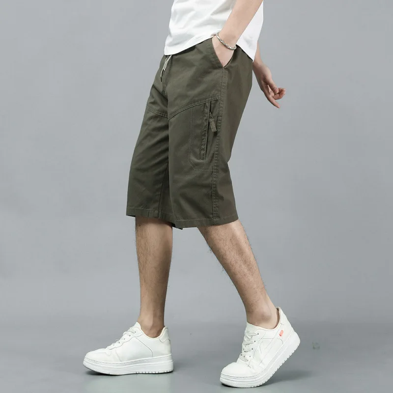 2023 Summer New Men's Clothing Crop Jeans Pure Solid Color Cotton Pockets Casual Trend Loose Casual Shorts Straight Mid Pants