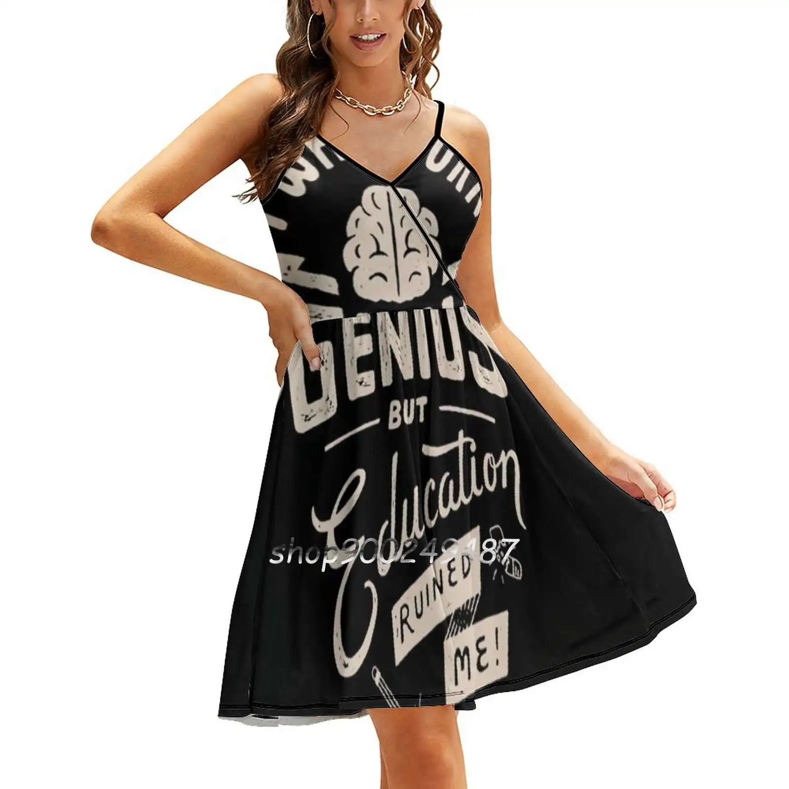 

Born Genius Sling Dress Summer Dress Sling Sexy A Line Dress Fashion Female Dress Black Lettering Typography Education Genius