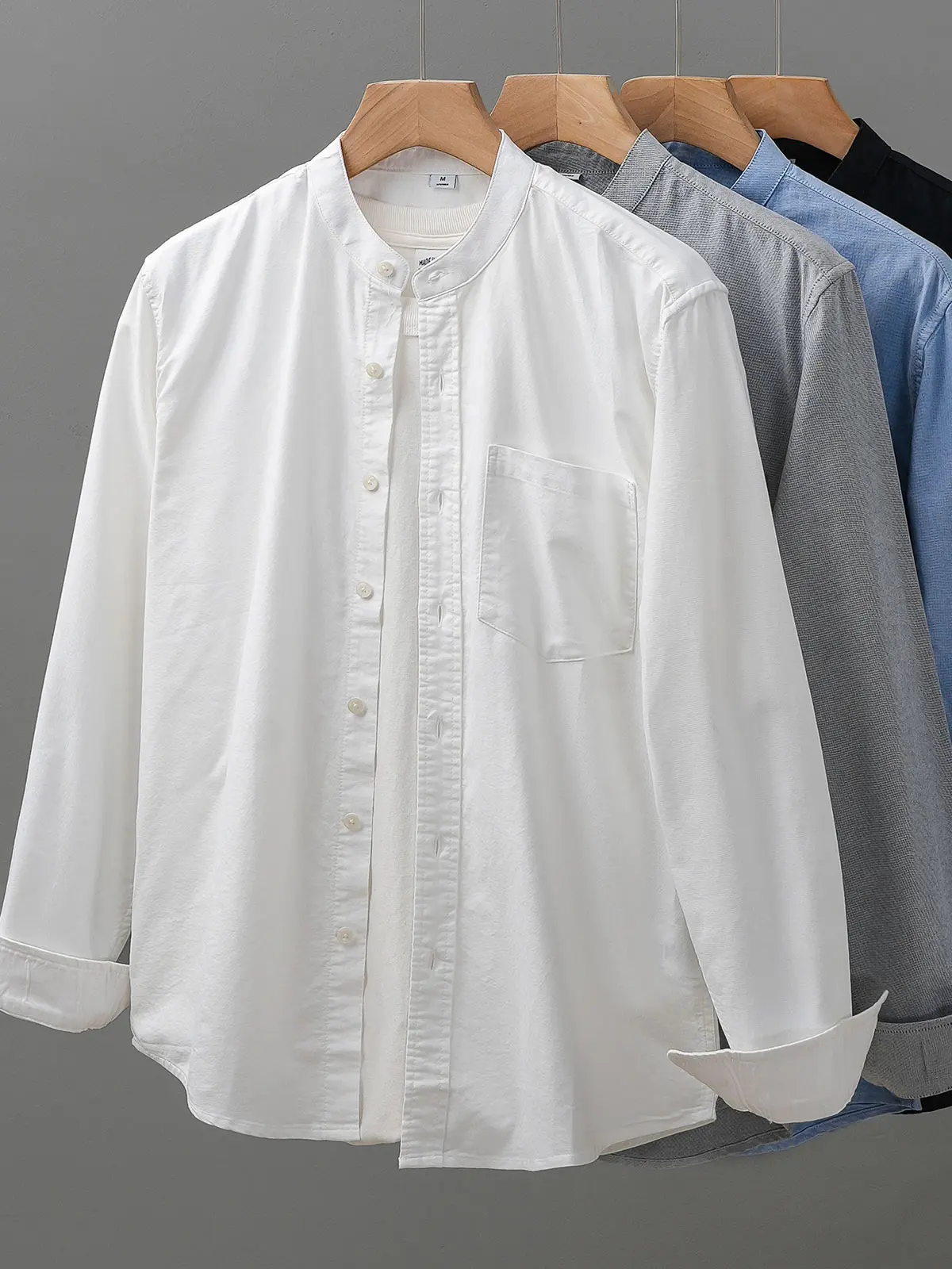 DUKEEN 100% Cotton Oxford Collarless Shirts for Men Spring and Autumn Casual Plain Long-Sleeve Blouse Men's Clothing White