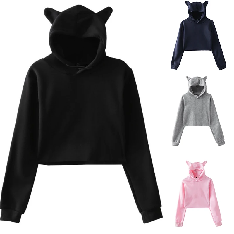 Women's Pink Sexy Casual Fleece Cropped Hoodie Casual Plus Size Pullovers Cat Ears Hoodie Solid Crop Sweatshirts Female Clothes
