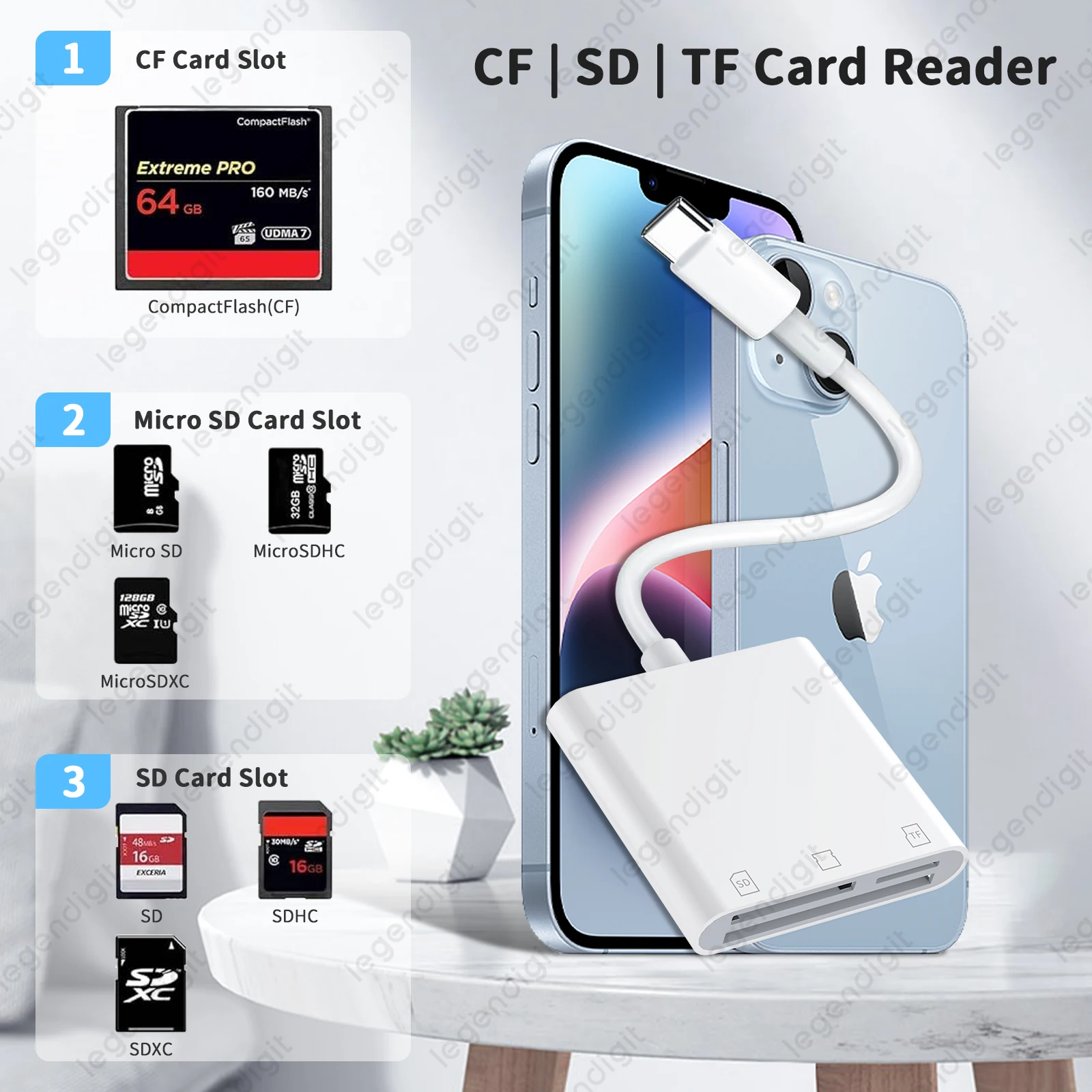 USB C Card Reader 3in1 CF SD TF Adapter for iPhone 15 iPad MacBook OTG Trail Camera Memory Card Reader for Laptop PC Devices