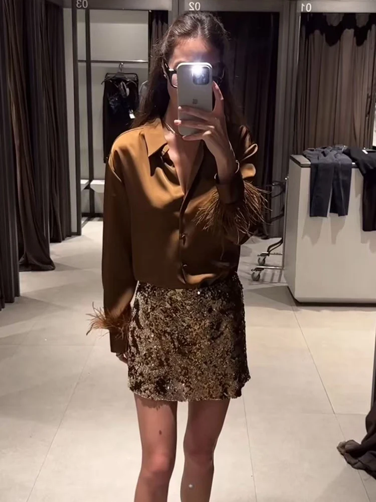 Elegant Women Satin Blouse Chic Feather Decoration Full Sleeve Turn-down Collar Single Breasted Shirt New Spring Fashion Tops