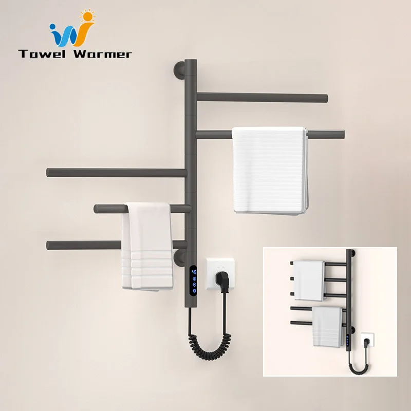 สีดํา/สีขาว/สีเทาห้องน้ําผ้าเช็ดตัวอุ่นอุณหภูมิอัจฉริยะควบคุมชั้นวางผ้าเช็ดตัวไฟฟ้า 180 °   ราวแขวนผ้าเช็ดตัวแบบหมุนได้สําหรับบ้าน 1