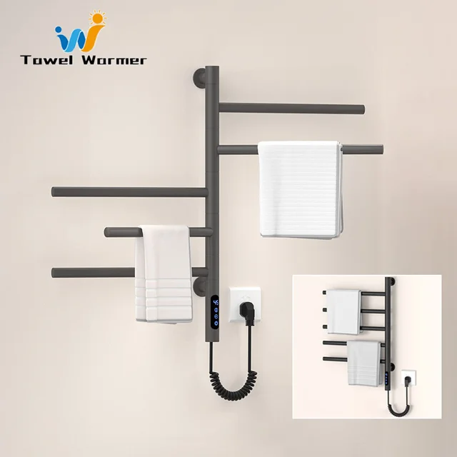 สีดํา/สีขาว/สีเทาห้องน้ําผ้าเช็ดตัวอุ่นอุณหภูมิอัจฉริยะควบคุมชั้นวางผ้าเช็ดตัวไฟฟ้า 180 °   ราวแขวนผ้าเช็ดตัวแบบหมุนได้สําหรับบ้าน 1