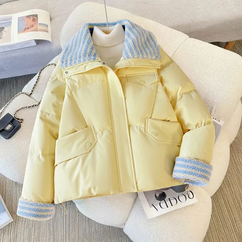 Down Cotton Jacket Women's Short 2025 Lamb Wool New Loose Cotton Jacket Winter Korean Version Thick Bread Jacket Lemon Yellow
