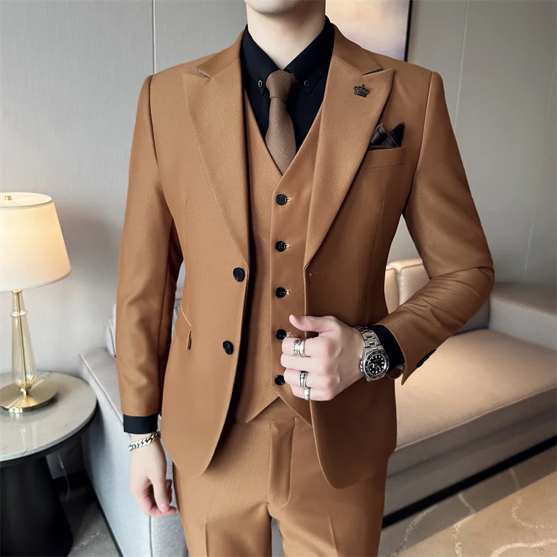 

Blazer+Vest+Pants High-end Brand Formal Business Solid Color Mens Slim Suit Three-piece Groom Wedding Dress Party Social Dress