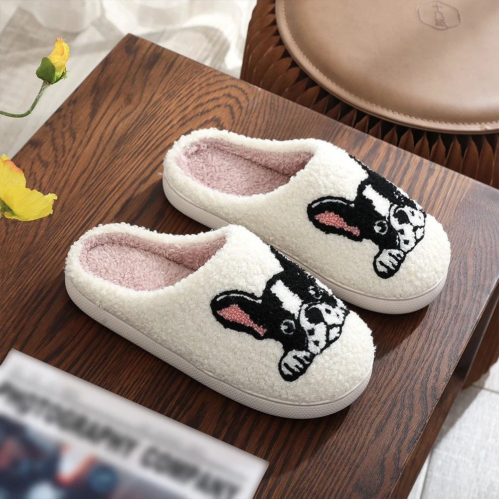 Plush Bulldog Slippers Kawaii Furry Slippers Non-Slip Soft Cloud Slippers Comfortable Warm Couple Slippers for Bedroom Indoor