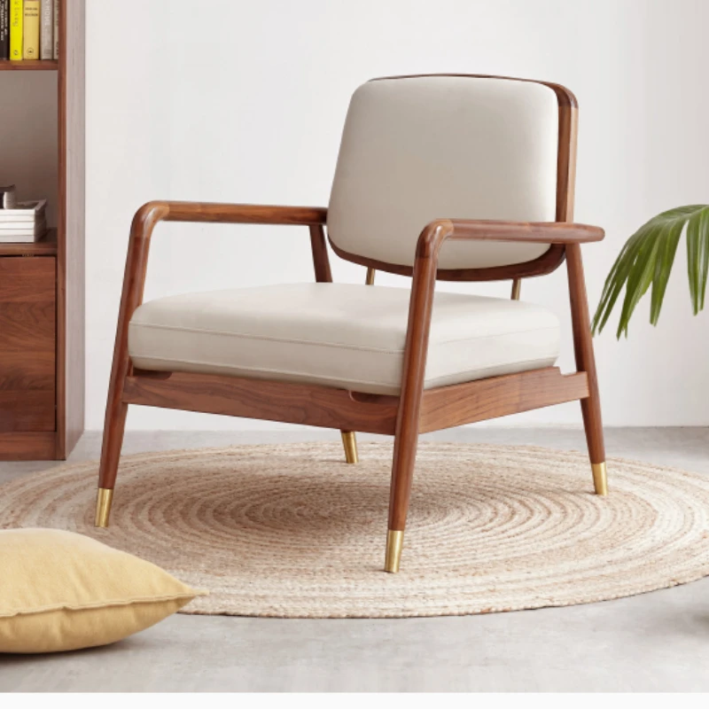 

Solid Wood Single Sofa Chair Nordic Light Luxury Black Walnut Leather Simple Small Apartment Leisure Furniture