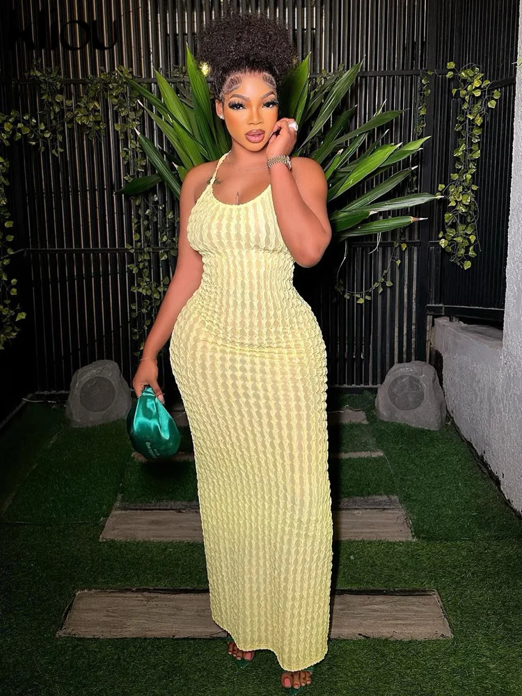 Kliou Solide Geraffte Spaghetti Strap Bandage Maxi Kleid Frauen Casual Ärmellose Backless Bodycon Damen Party Streetwear Kleider