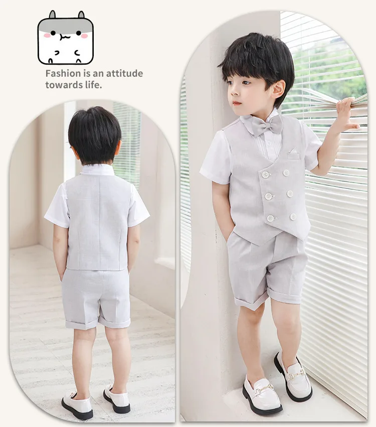 JUCPKID Jungen Sommer Kurzarm Weste Anzug Formal Elegant Kind Jungen Hochzeit Anzug Kinder Host Klavier Leistung Fotografie Kostüm – Detail 6