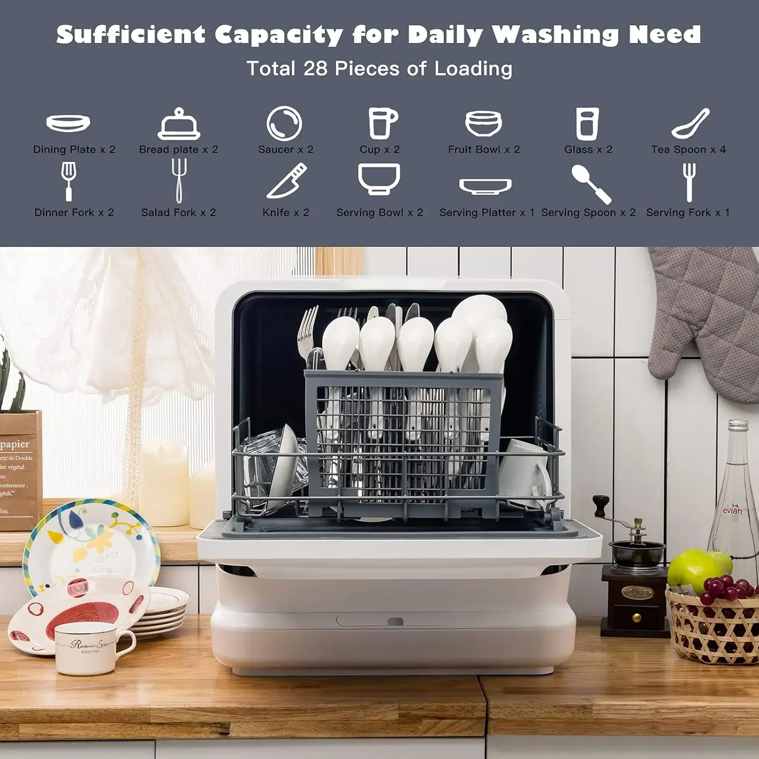 Portable Countertop Dishwasher Compact Dishwasher with 7.5 L Built-in Water Tank 360&deg; Dual Spray Arms 5 Washing Programs