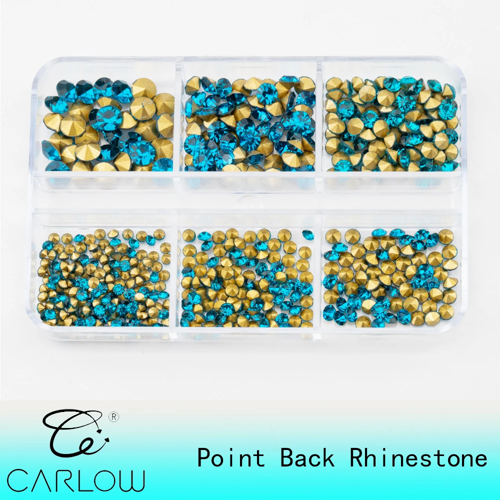 CARLOW Indicolite 6-Gitter-Box Mehrfarbige Spitzstrass-Steine mit 3D-Spitzenboden, verschiedene Größen, glitzernde Diamanten für Nagelkunst-Dekoration