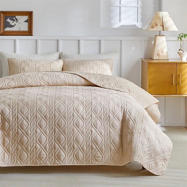 Quilted Bedspread Set Grey Beige Geometric Grid Pattern,Soft Polyester Thick Bed Cover+Pillowcase,Plain US Queen 264*229cm 3pcs 1