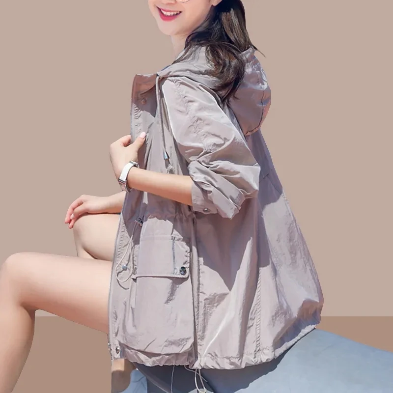 

New Summer Women's Jacket Thin Coat Bomber Jacket Long Sleeve Casual Hooded Sun Protection Clothing Female Windbreaker Outerwear