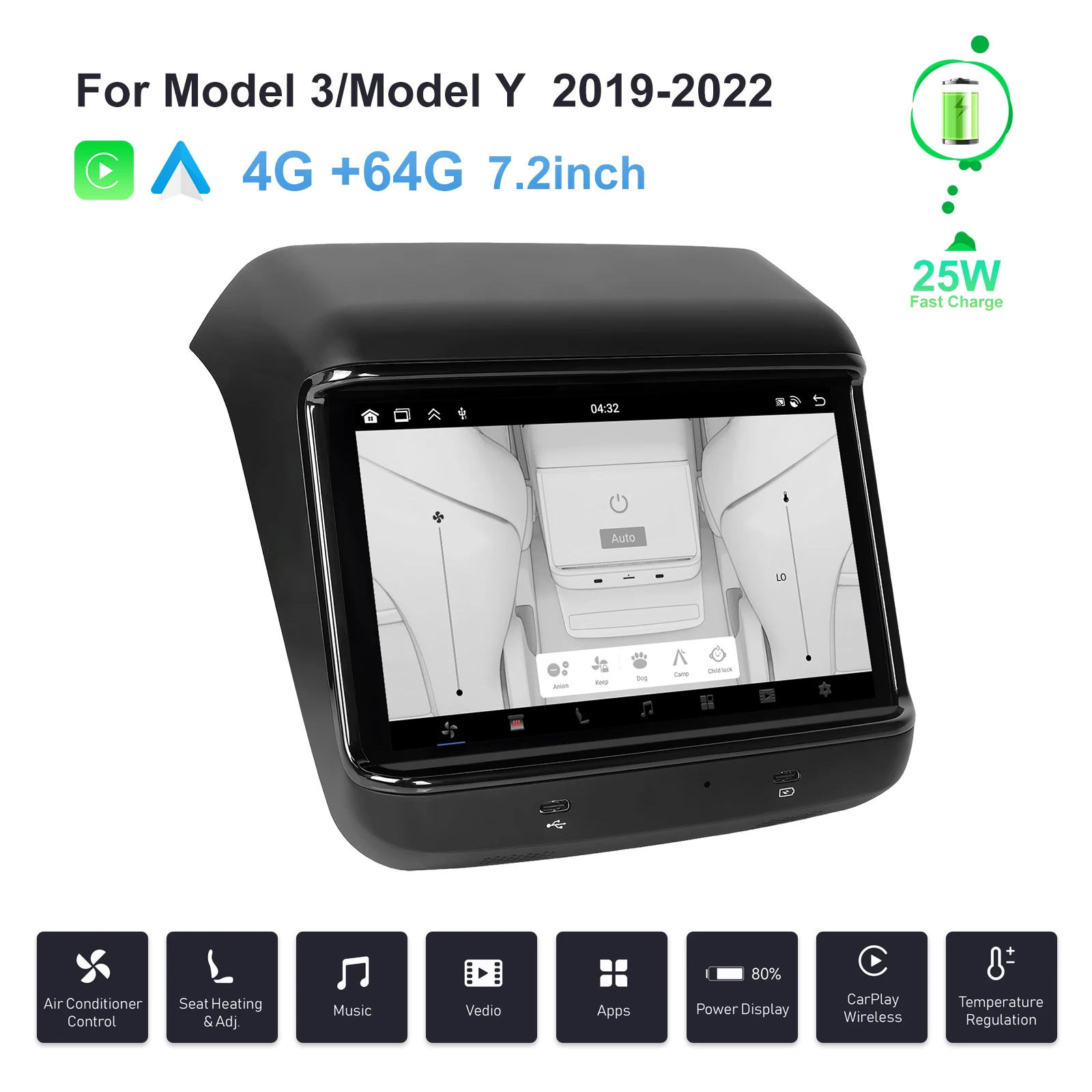 

Podofo Android 7,2 ''экран для Tesla Model 3/Y развлекательная система мультимедийный плеер задние развлечения 4 + 64G Carplay Android