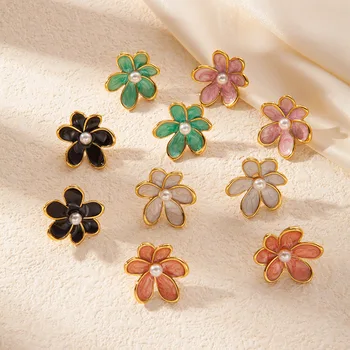 925 Silver Needle Korean Fashion Pearl Flower Earrings For Women Jewelry 2025 Trending Vintage Oil Dripping Colorful Earrings