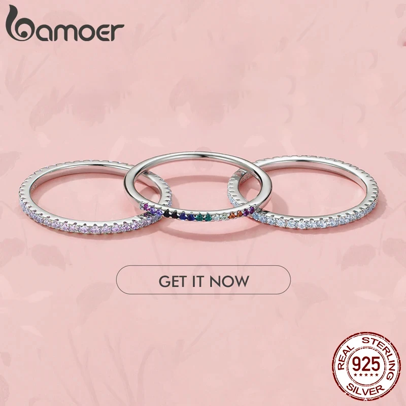 BAMOER 925 Sterling Silver Full Paved Simulated Diamond Stackable Rings, Women Gold Plated 4