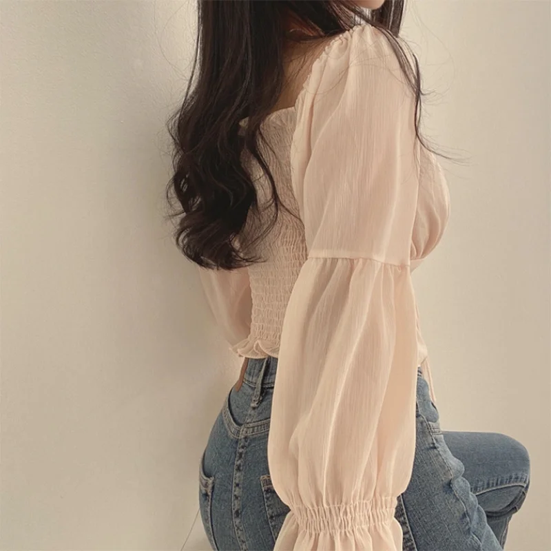 Blusas Y2K para mujer, de color liso, con cordón, lazo y volantes, de manga larga, fruncidas, tops cortos, ropa elegante de calle