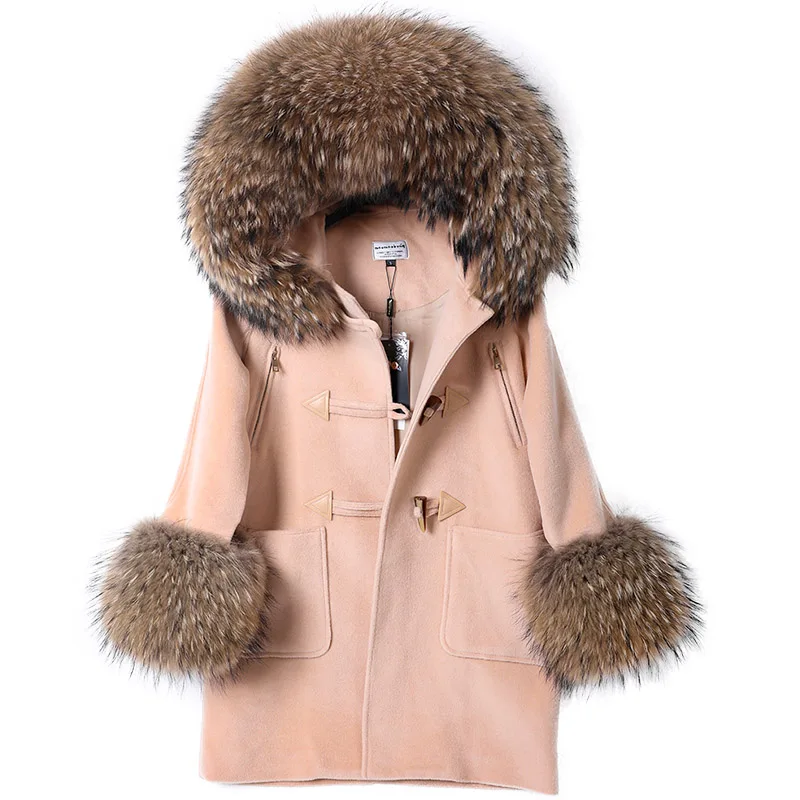 MAOMAOKONG 2023 New Real Natural Raccoon Fur Collar Wool Blends Female Coat Winter Women Jacket Overcoat Woolen Coat