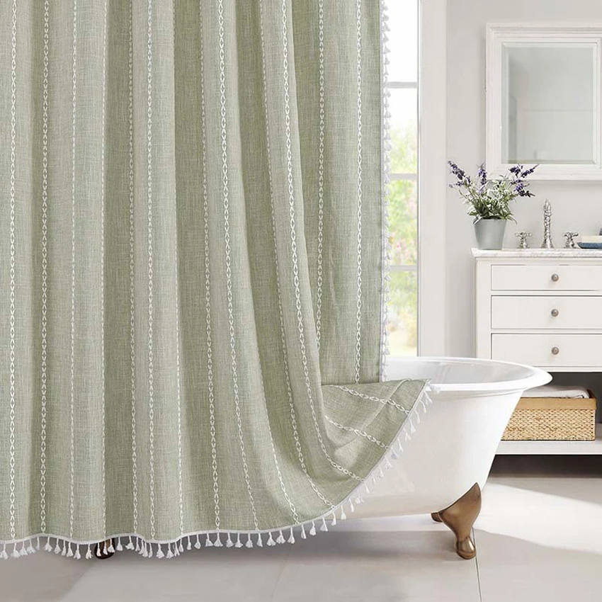 Jacquard Linen Shower Curtain with Tassels Nordic Waterproof Thick Bath Curtain for Bathroom Bathtub with Hooks