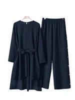 Eid Ramadan femmes Costume musulman deux pièces ensembles survêtement islamique Musulman Ensemble décontracté à manches longues Blouse jambe large pantalon costumes 5