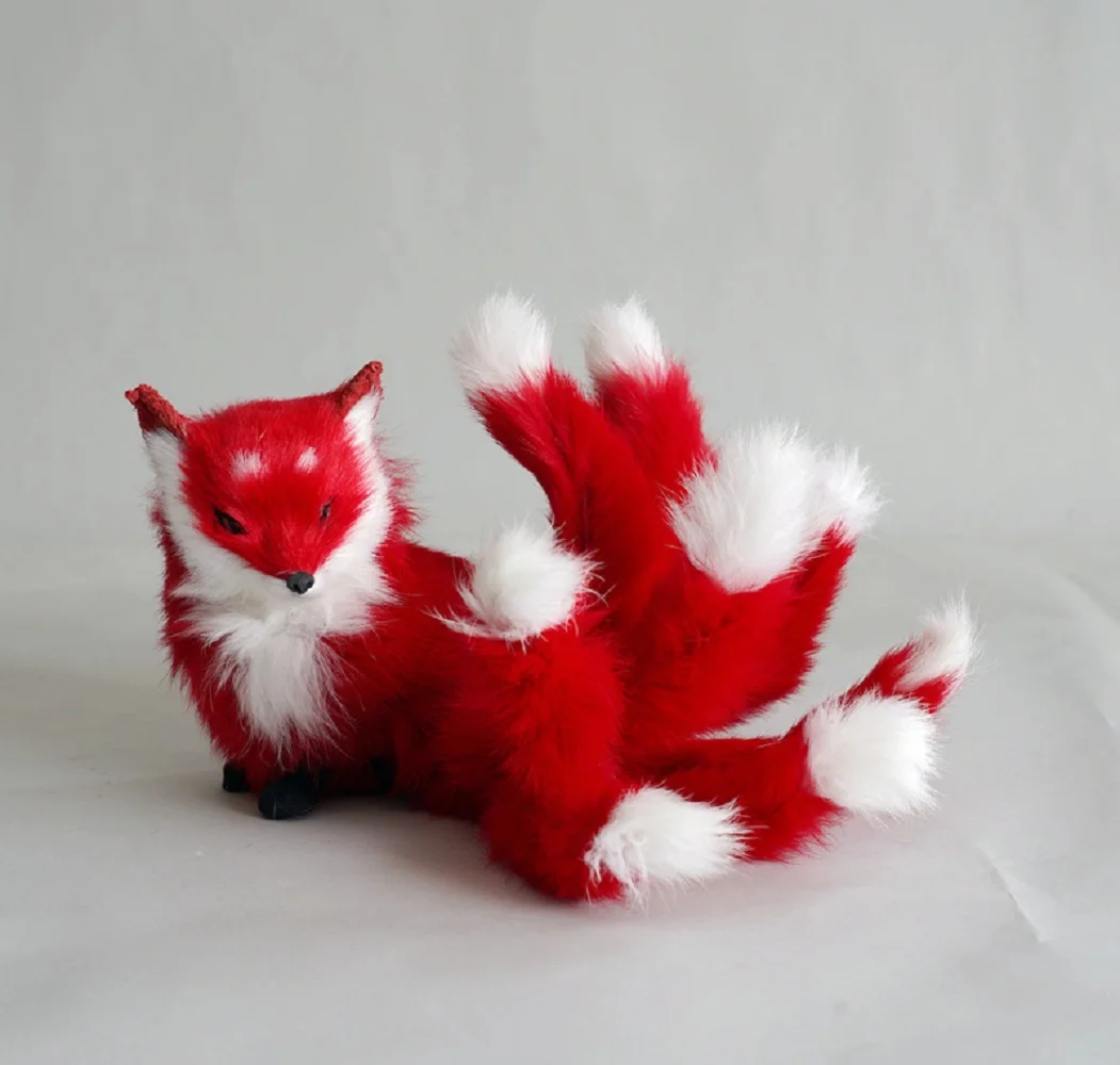 new-cute-simulation-red-fox-model-plastic-fur-nine-tails-fox-doll-gift-about-30x9x14cm