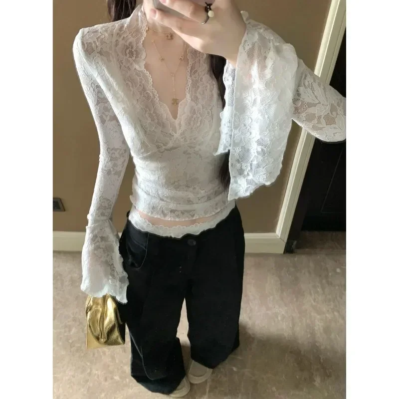 Fashion Sexy V-Neck Sheer T-Shirts Women Flare Long Sleeve Spring Lace Slim Pullovers Tops Casual Evening Party Club Chic Tees