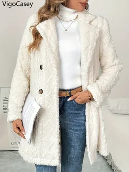 VigoCasey 2025 Autumn Winter Women Casual Jacket White Thick Plush Warm Coat Long Sleeve Soft Cardigan Lady Single Breasted Coat