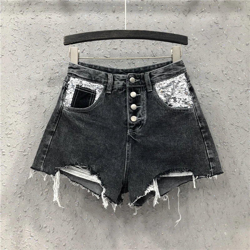 

S-5XL Fashion Women Sequins Denim Shorts Summer Blingbling Sequin Patchwork Jean Short Pants Female Hot Pants