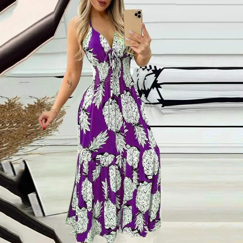 

Vacation Maxi Dress Floral Print Halter Neck Maxi Dress for Women Vacation Beachwear with Elastic High Waist Backless Design