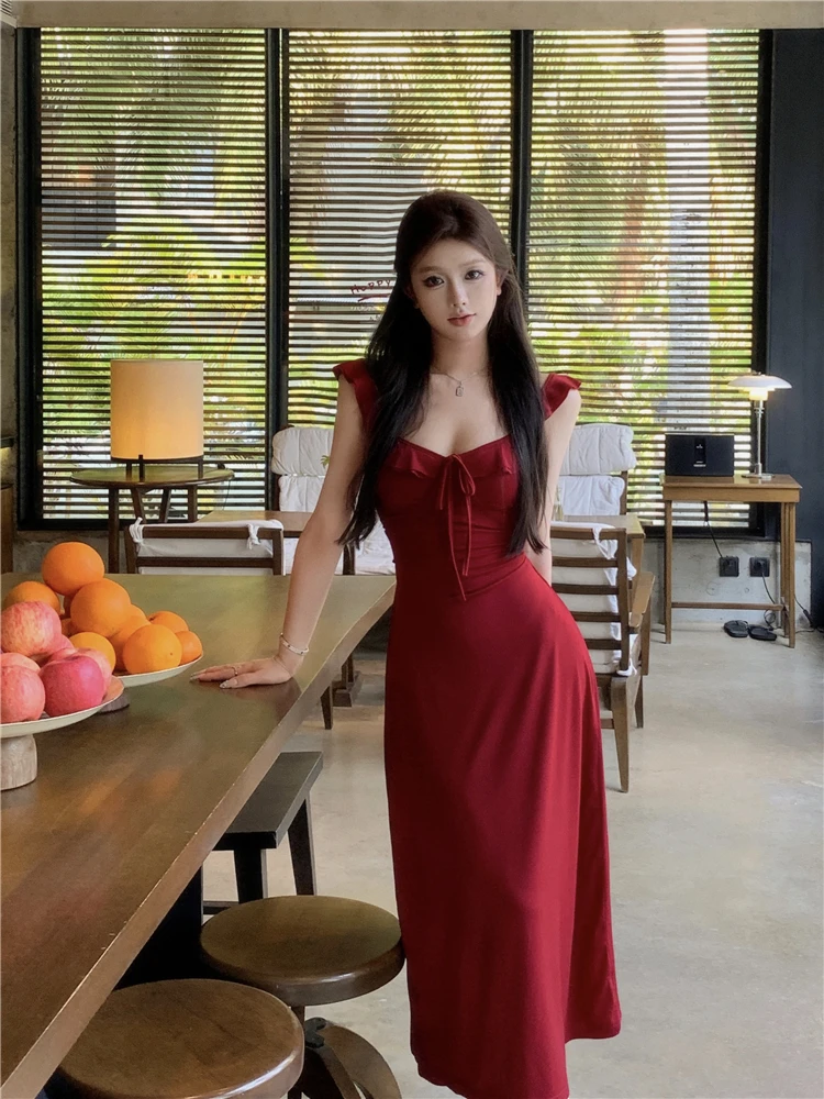 Spaghetti Strap Knitted Dresses for Women Lace-up Slim Solid Square Collar Elegant Sexy Korean Fashion Vestidos Mujer New