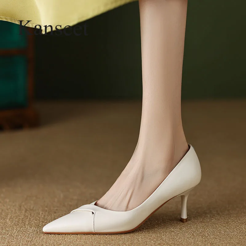 

Kanseet Fashion Women Pumps 2023 New Spring Apricot Genuine Leather Elegant Pointed Toe Party Thin High Heel Shoes Lady Footwear