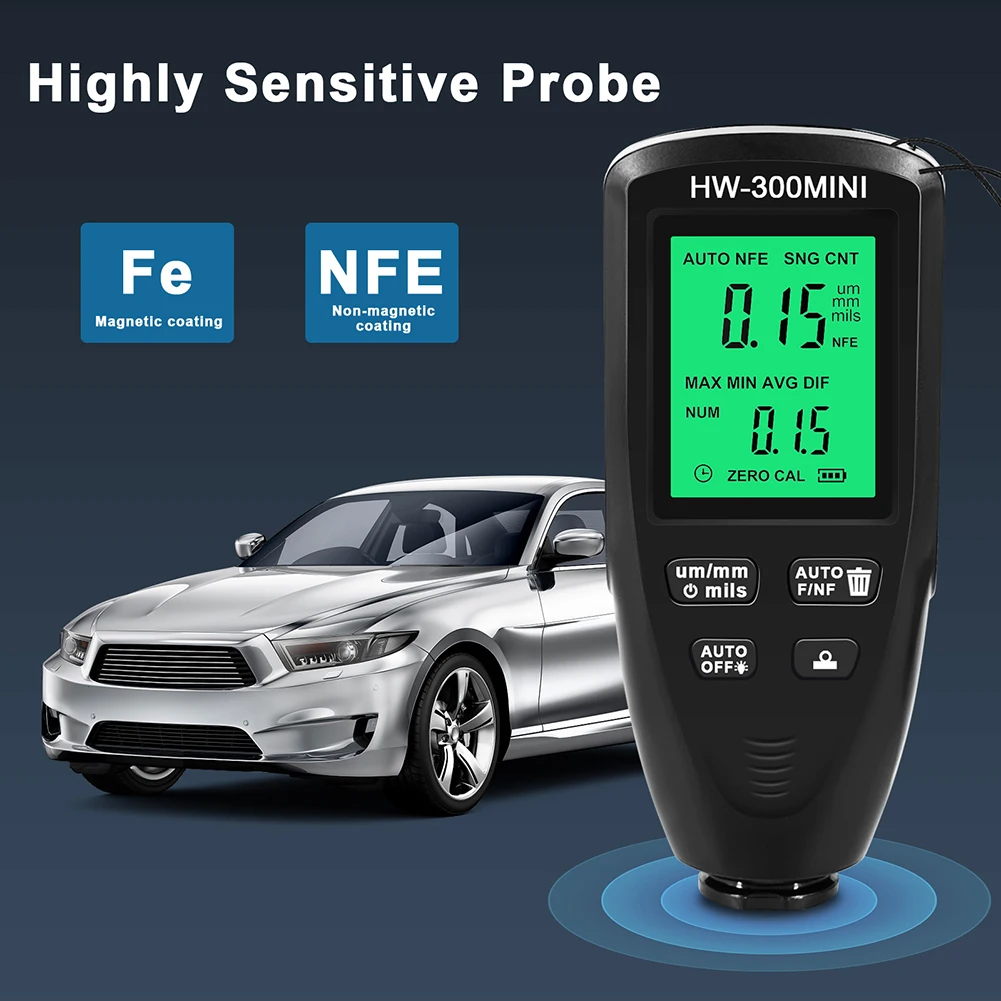 HW-300 Mini Coating Thickness Gauge Digital Automatic Film Thickness Meter Car Paint Coating Depth Gauge Tester