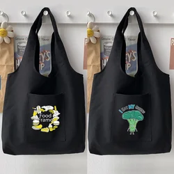 Student Casual Cartoon Black Woman Shoulder Bag Handbag Cute Food Pattern Printing Series Tote Bag Canvas Bag Soft Commuter Bag