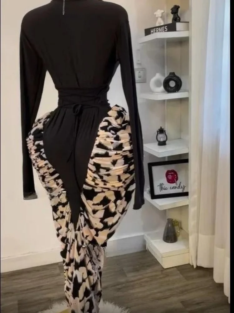 Wmstar Dress Women Wohesale A New Sexy Long Sleeved Printed Patchwork Pleated Form Fitting One Piece Autumn of 2025 One Pieces