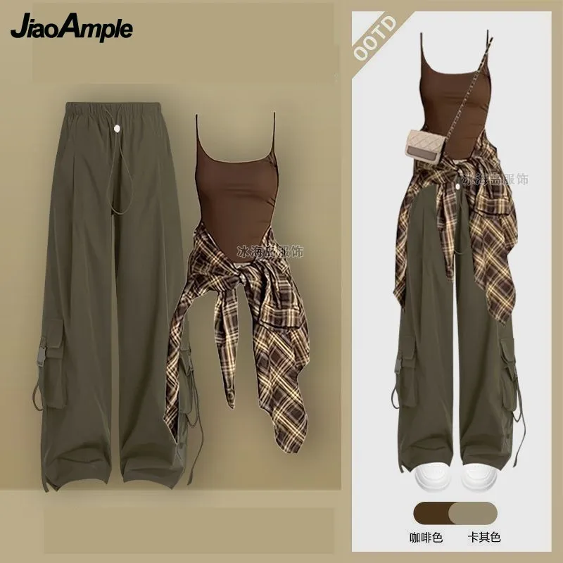 Women's Summer New Casual Sportswear Matching Set Korean Elegant Sunscreen Long Sleeved Plaid Shirt+suspender+Cargo Pants Suit