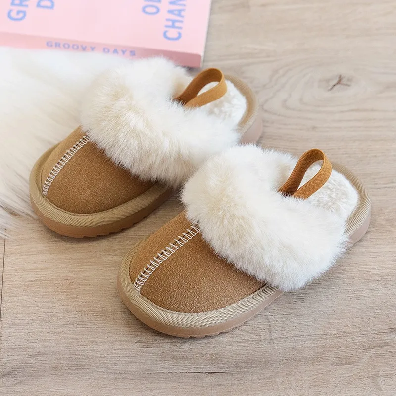 Cotton Plush Kids Slippers for Boys and Girls Solid Color Warm Winter