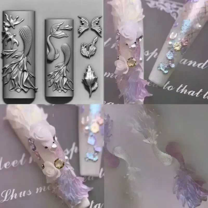 3D Transparent Silicone Nail Molds - Retro Music Punk Mermaid Tail Shell Templates, Sweet Cool DIY Manicure Jewelry Crafts Molds
