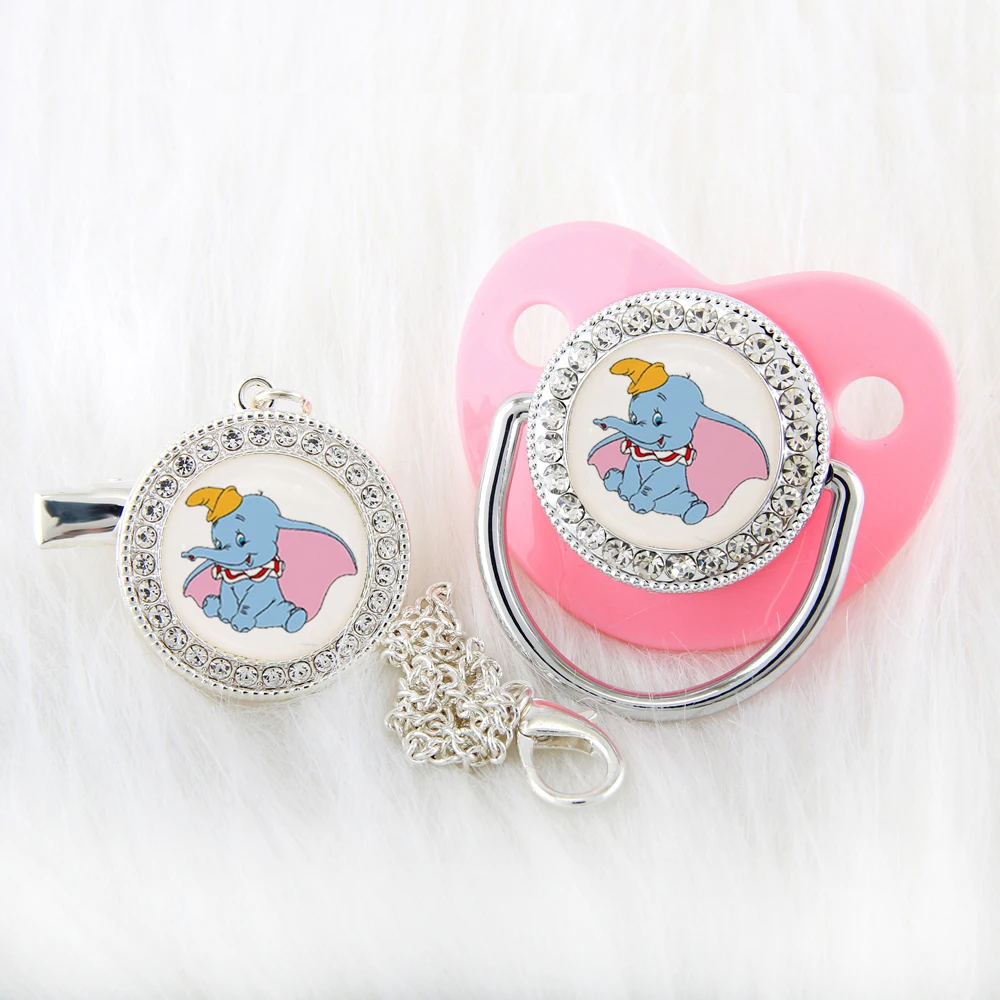 Disney Dumbo Baby Pacifier With Chain Clip Food Grade Silicone Infant Dummy Nipple Bling Rhinestones Newborn Soother Unique Gift baby milk powder scoop