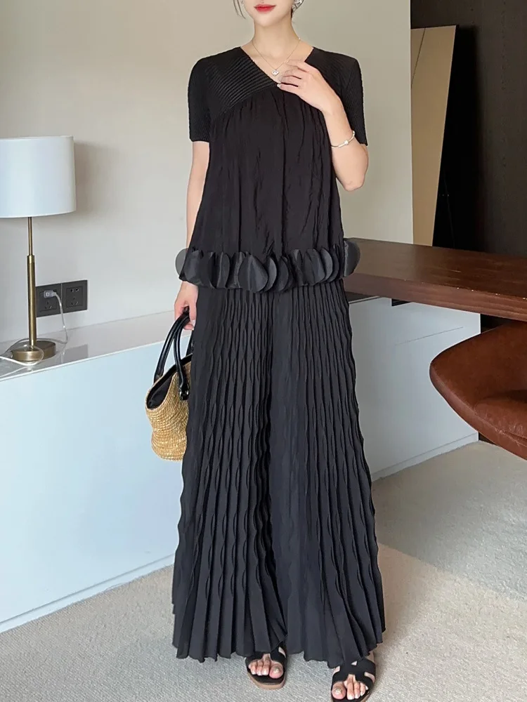 Pleated New Solid Color Elastic Waist Wide Leg Pants Fashion Hand Pleated Stretchy Loose Trousers Comfortable Women's