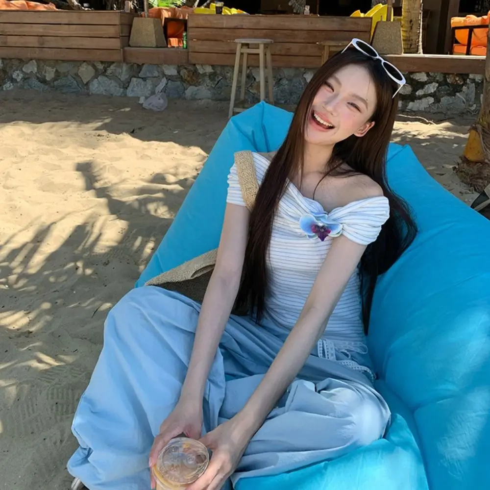 Description Picture 3 of itemAll-match Stripe Off Shoulder Crop Top Slim Fit Ins Bohemia T Shirts Sweet Female Clothing Stripe Flower T-shirt Female