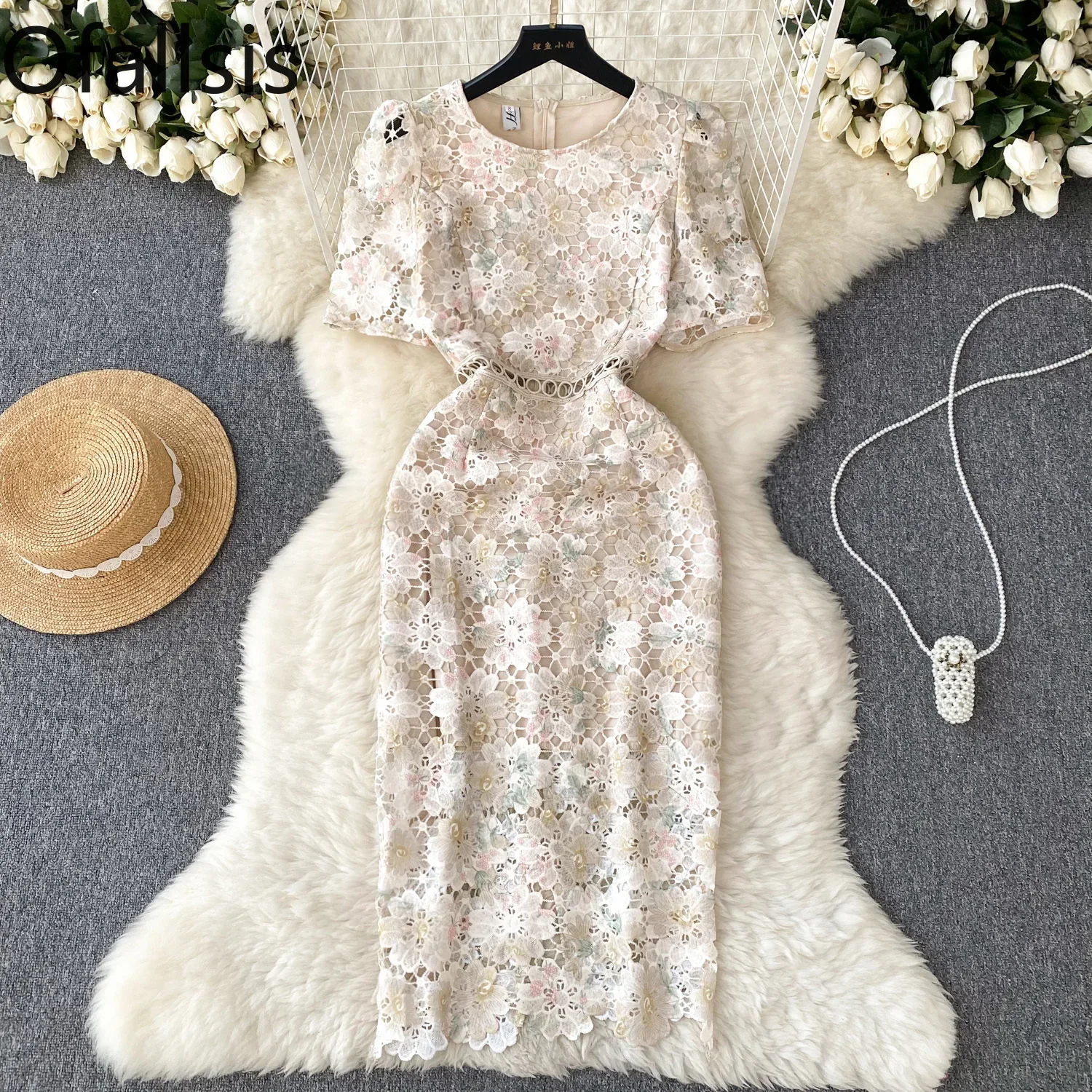 

Женское платье с завышенной талией Ofallsis, роскошное приталенное платье в стиле ретро с круглым вырезом, буффами на рукавах и цветочным кружевом, 2023