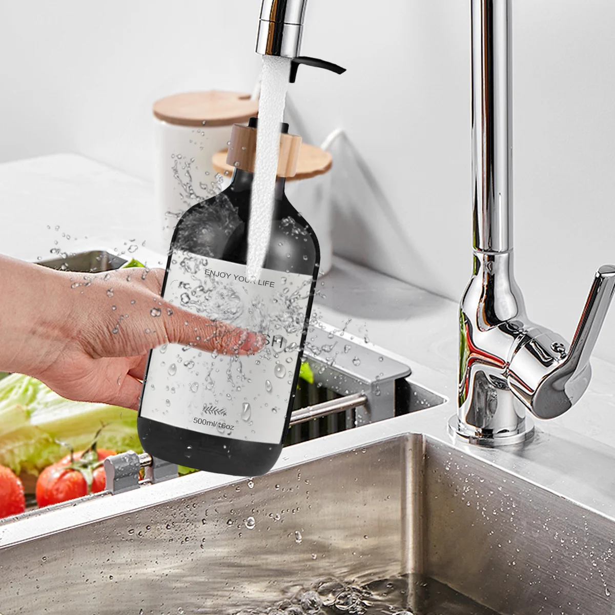 Kitchen Sink Decoration Dishes Soap Bottle with Waterproof Labels Countertop Hand Dish Dispenser Empty Refillable Pump Bottle 6