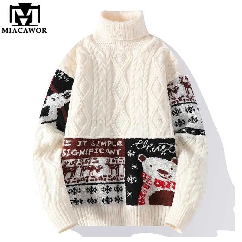 

New Brand Winter Warm Christmas Sweater Men Retro Print Turtleneck Knit Pullover Slim Fit Casual Jumper Men Clothing Y586