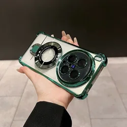 Luxury Plating Airbag Silicone Transparent Shockproof Back Cover with Magnetic Holder and Camera Protection - Vivo X300 Pro (Green)