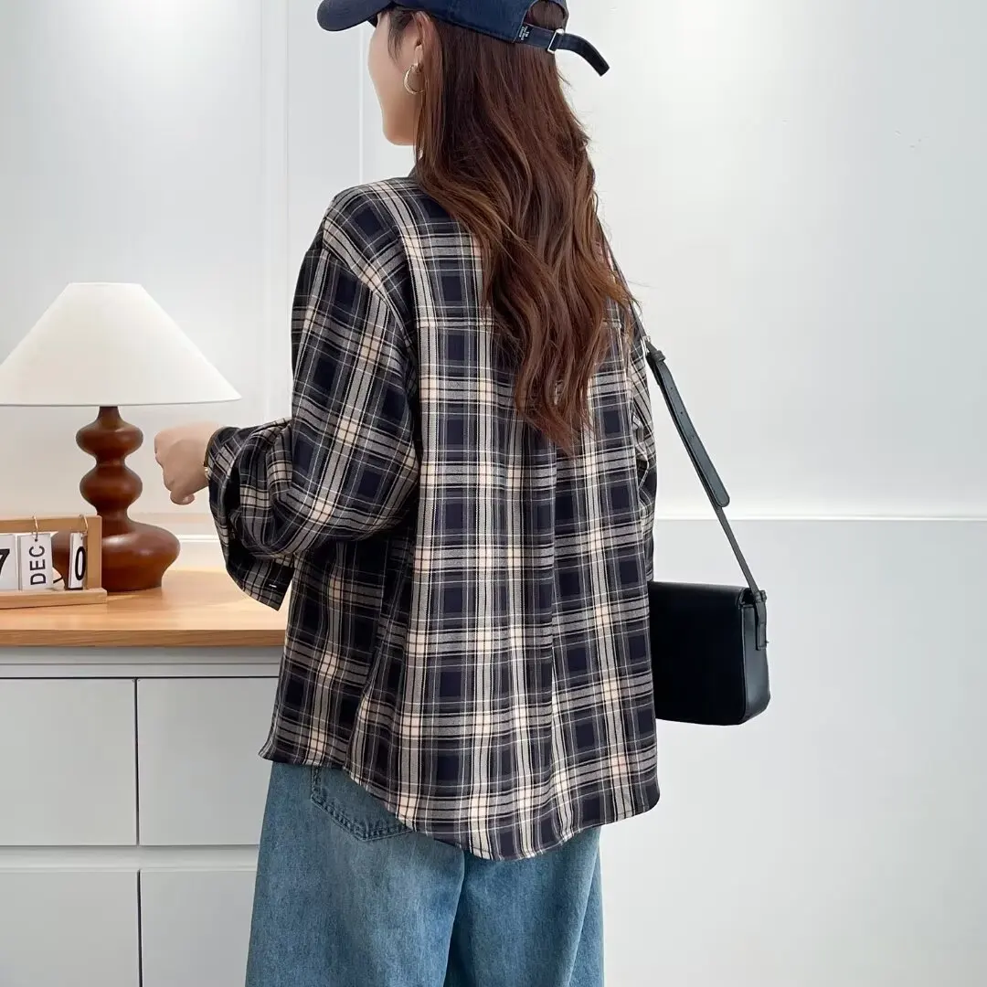 XXXXL Fashion Plus Size Women's Shirt 2025 Autumn New Style Simple Retro Classic Brushed Plaid Blouses 770