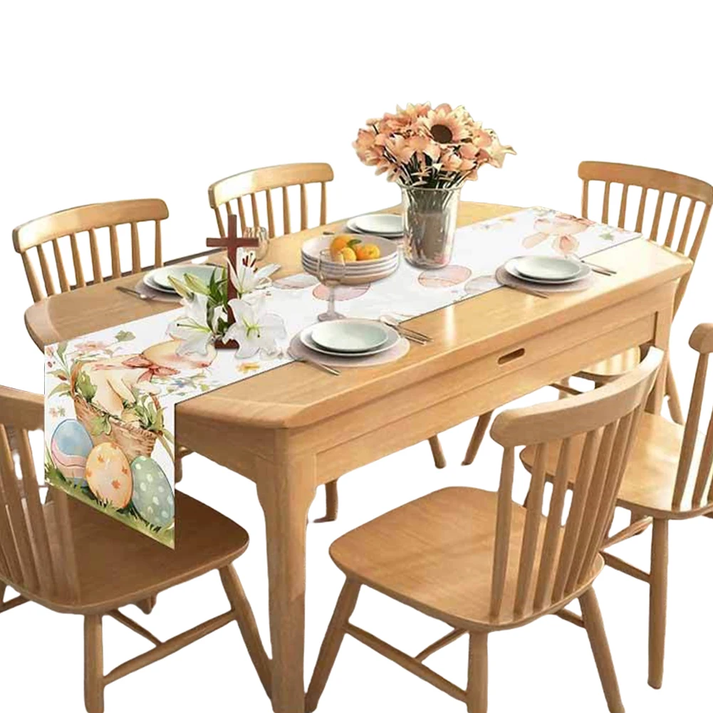 Easter Bunny Eggs Linen Table Runner Easter Rabbit Table Runner Washable Bunny Dining Table Cloth Placemat Holiday Party Decor