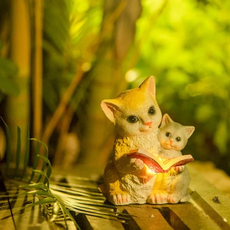

Lovely Reading Cats Statue Solar Lamp Garden Decoration Resin Figurines Yard Lawn Ornaments Gifts for Cat Lovers