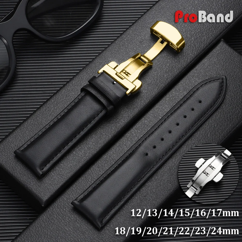 Elegant Leather Watch Band with Gold Butterfly Buckle - Soft Black & Brown Wristbelt