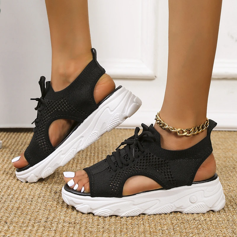 Women Sandals Summer Mesh Casual Shoes Thick-Soled Lace-Up Open Toe Beach Shoes